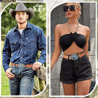 Retro Punk Embossed Western Denim Belt