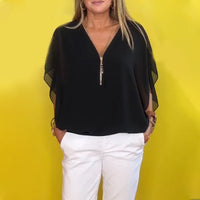 Chiffon Half-Zip Short-Sleeved Casual Top