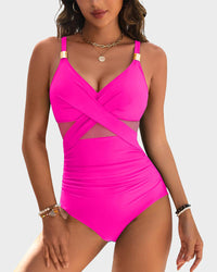 👙Vacation Hot Sale 49%🩱Metallic Accent Mesh Panel One-Piece Swimsuit