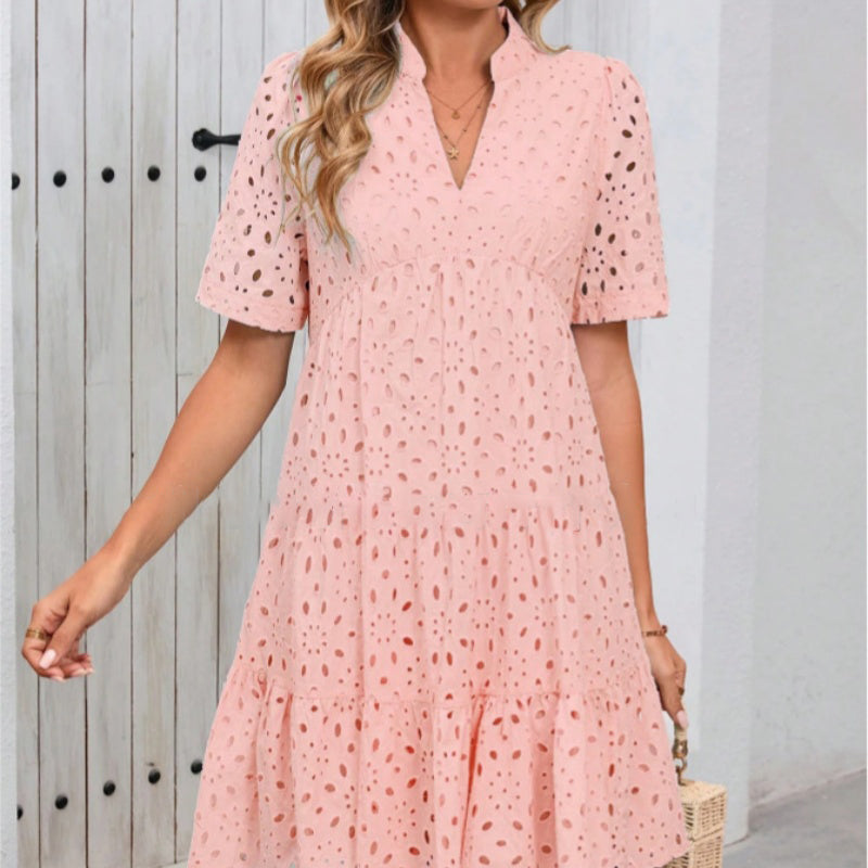 Women's Elegant Hollow Out Lace Ruffle Casual Mini Dress