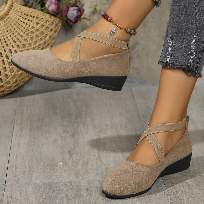 🔥Hot Sale🔥Elegant Solid Color Elastic Strap Low Wedge Shoes