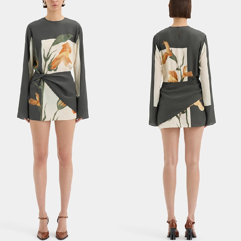 Women's long-sleeved mini dress with fashionable print