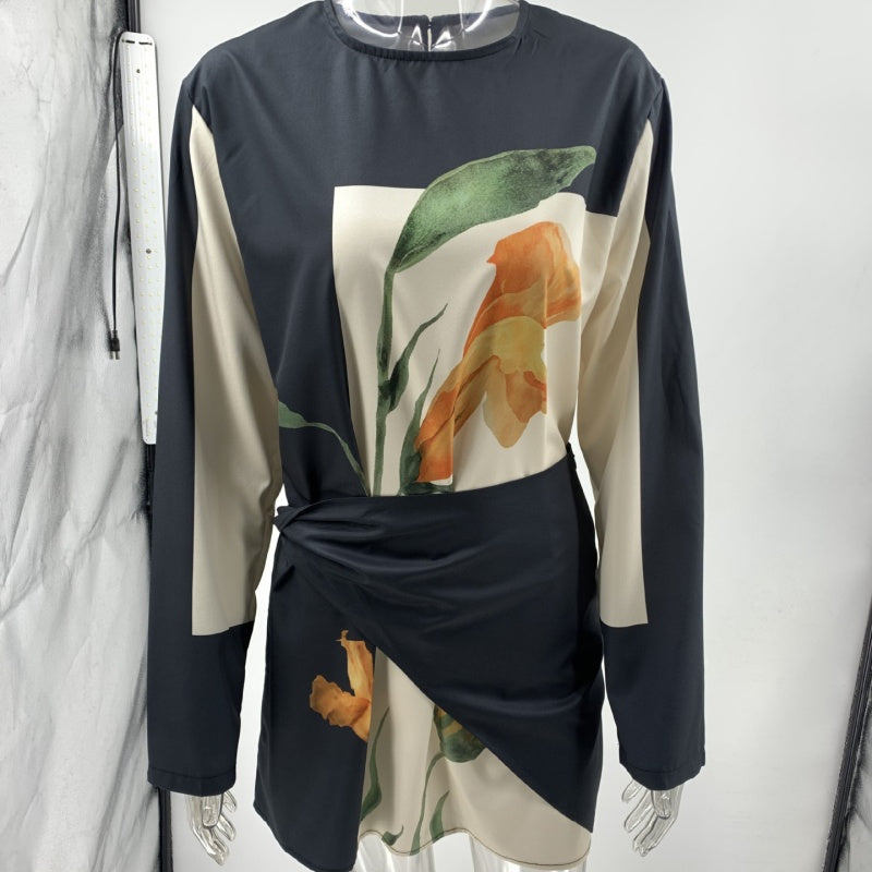 Women's long-sleeved mini dress with fashionable print