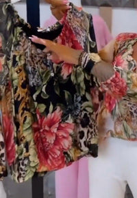 Women's Vintage Floral & Leopard Patchwork Chiffon Blouse