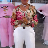 Women's Vintage Floral & Leopard Patchwork Chiffon Blouse