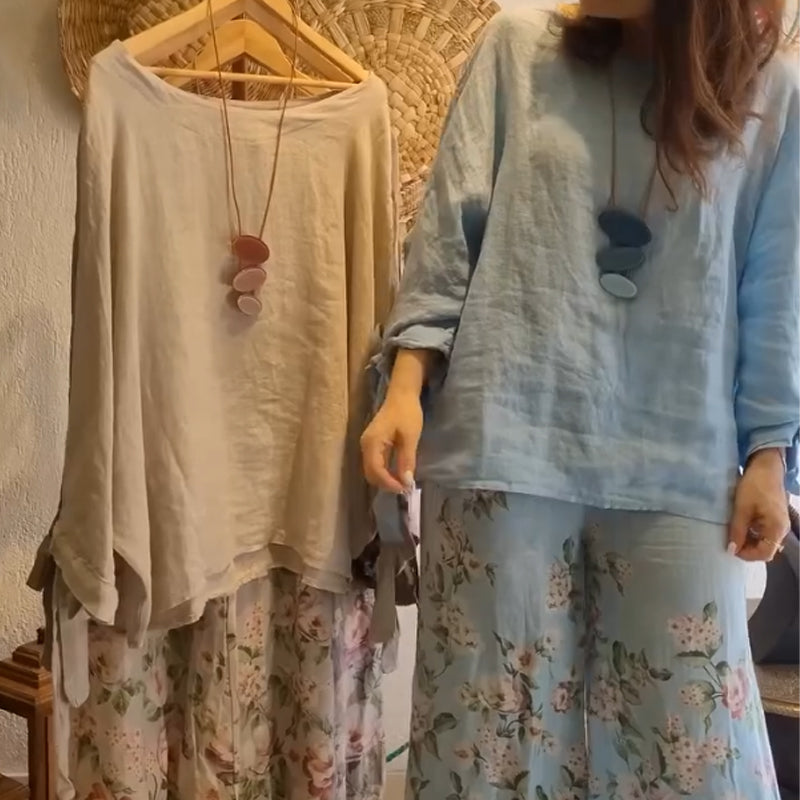⏳ Limited time 50% off! 💥Women's Loose Fit Blouse & Floral Printed Wide-Leg Pants Set（The more you buy, the higher the discount）