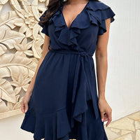 💖Women's Elegant Waist Tie V-Neck Ruffle Dress