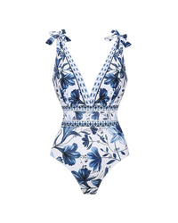 🩱V Neck Lace Up Printed One Piece Swimsuit and Skirt